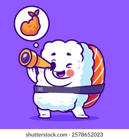 A cheerful sushi character using a telescope to look at a shrimp.