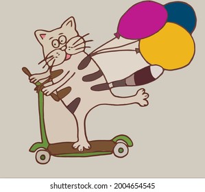 Cheerful tabby cat is rolling on a scooter with balloons