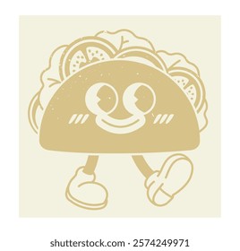 Cheerful taco character with smiling face, big eyes, lettuce, and tomato details, wearing shoes, styled in a retro flat design on a beige background. Fun concept. Vector illustration