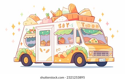 A cheerful taco truck with cheery colors and tacos that are grinning