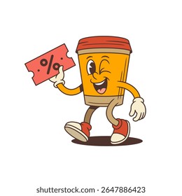 Cheerful takeaway café copo mascote andando com piscadela e segurando cupom de desconto vermelho com sinal de porcentagem. Perfeito para marketing, promoções, embalagens e mídias sociais. Ilustração vetorial