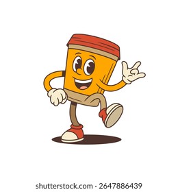 Cheerful takeaway café xícara mascote dançando e mostrando Eu amo Você mão sinal em estilo vintage desenhos animados. Adequado para promoção de marca, marketing, embalagem e café. Ilustração vetorial