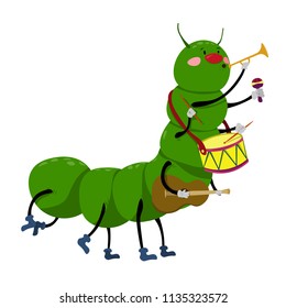 A cheerful and talented caterpillar plays on several musical instruments.