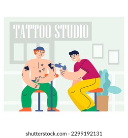 Cheerful tattoo artist does ink drawing of man in studio. Handsome professional tattooist holds machine in hand at work. Cartoon vector flat style illustration