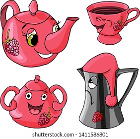 Cheerful tea set of four items: kettle, cup, sugar bowl and coffeepot