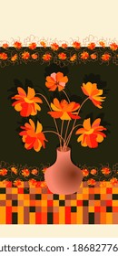 Cheerful tea towel print. A bright bouquet of orange-red cosmos flowers in a clay vase on a checkered tablecloth. Home textile.