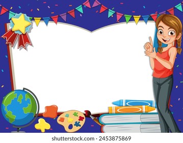 Cheerful teacher with educational tools and decorations.