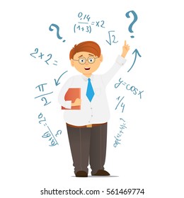 Cheerful teacher on lesson. Teaching. Mathematical formulas.The scholar raised a thumb up