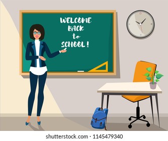 Cheerful teacher, professor standing in front of blank school blackboard withte inscription. School teacher in glasses, female teacher near blackboard, vector welcome back to school llustration.