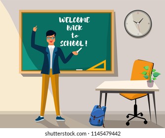Cheerful teacher, professor standing in front of blank school blackboard withte inscription. School teacher in glasses, male teacher near blackboard, vector welcome back to school llustration.