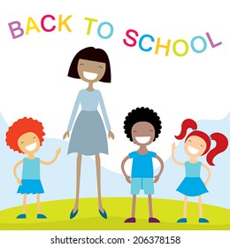 Cheerful teacher and school kids. Happy smiling cartoon characters. Vector illustration