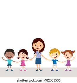 Profesora y estudiantes alegres. Imagen vectorial de una profesora y de varios hijos tomados de la mano.