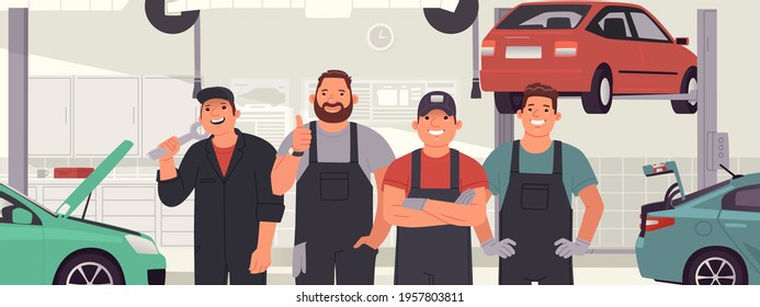 Cheerful Team Of Auto Mechanics Against The Background Of A Car Service. Auto Repair Station Workers. Vector Illustration In Flat Style