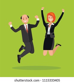 A cheerful team of business people, a man and a woman jump, celebrate the victory.