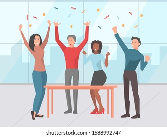 Cheerful Team Of Company Celebrating Victory Throwing Confetti In Air Vector Image. Office Party. Everyday Successful Man And Woman With Arms Up Vector