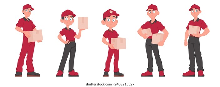 Cheerful Team of Five Male Couriers Holding Packages. Red Uniformed Delivery Guys with Paper Boxes. Vector Cartoon Illustration.