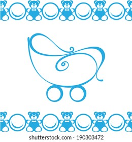 Cheerful teddy bear and buggy in blue. seamless texture