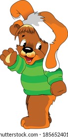 cheerful teddy bear in a green sweater and winter hat waving his paw