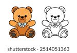 A cheerful teddy bear illustration in silhouette flat design logo sitting and smiling. This cute single line toy simple outline cartoon style icon vector isolated on a transparent background for kids