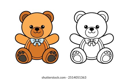 A cheerful teddy bear illustration in silhouette flat design logo sitting and smiling. This cute single line toy simple outline cartoon style icon vector isolated on a transparent background for kids