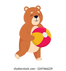 Oso de peluche alegre con bola de goma en patas haciendo actividades de verano ilustraciones vectoriales. Caricatura deportiva aislada de fondo blanco. Niñez, concepto deportivo