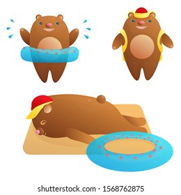 A cheerful teddy bear with a rubber ring for swimming plays, splashes. little bear in a cap with a backpack, a schoolboy, traveler, tourist, excursion. Bear is resting on the beach, sunbathing. vector