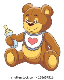 Cheerful Teddy-bear holding a baby-bottle. Vector illustration.