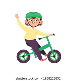 Cheerful teen boy cartoon character riding bicycle and waving hand, flat vector illustration isolated on white background. Smiling kid in helmet riding bike.