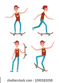 Cheerful teen on skateboard, vector icons group, illustrations with boy in red sleeveless short, jeans and cap, skateboarding process, blue wheels