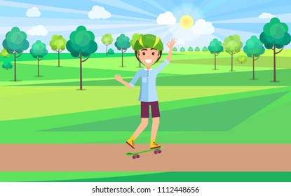 Cheerful teen skating in summer park vector banner, illustration of small boy pastime on skateboard at sunny green landscape, active rest nature outdoors