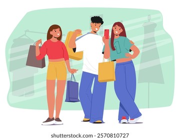 Cheerful teenage friend cartoon characters with purchases bags enjoying retail shopping activity together standing over store window showcase vector illustration. Fashionable guys buying casual attire