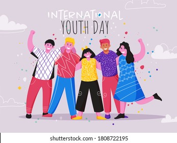 Cheerful Teenage Friends Standing Together on Pastel Purple Background for International Youth Day.