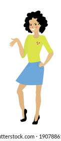 A cheerful teenage girl with a curly head and a smile in a green light green blouse and a blue skirt black shoes