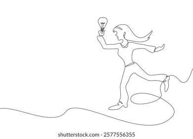 A cheerful teenage girl holding a light bulb symbolizing happiness, creativity, freedom, and ideas. Continuous one line hand drawn, Vector illustration with Editable stroke