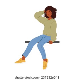 Cheerful Teenage Girl With A Radiant Smile Sits Gracefully On A Parapet Or Bench, Exuding Youthful Exuberance And Positivity. Cute African American Teen Character. Cartoon People Vector Illustration