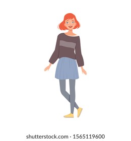 Cheerful Teenager Girl With Ginger Hair Flat Vector Illustration