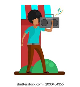 Cheerful teenager holding tape recorder over on his shoulder. Young boy character enjoy the music. Isolated flat vector design
