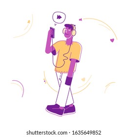 Cheerful Teenager Wearing Headset Listening Music on Smartphone. Mobile Technologies Concept. Young Man Using Gadget Application for Leisure and Entertainment Cartoon Flat Vector Illustration Line Art