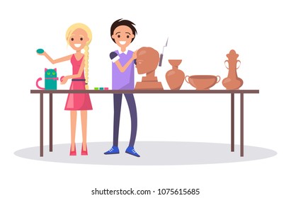 Cheerful teenagers in class at art school isolated vector illustration on white background. Boy sculpting head from clay and girl finishing her cat figure