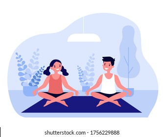 Cheerful teenagers practicing yoga at home. Teen boy and girl sitting in lotus pose flat vector illustration. Children, activity, recreation concept for banner, website design or landing web page