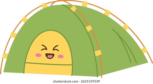 A cheerful tent with a smiling face drawn in a playful style. The tent features a joyful expression and simple design elements. Cartoon vector illustration.