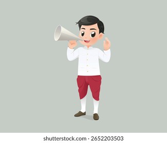 A cheerful Thai man in ratchapatan suit and jong kraben uses a vintage megaphone to announce, invite or present something with charm. Perfect for cultural or festival-themed projects.