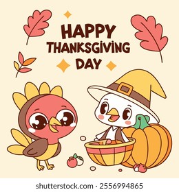 A cheerful Thanksgiving illustration featuring a turkey and a pilgrim bird.