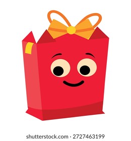 Alegre bolsa de regalo tridimensional decorada con cintas y cara de dibujos animados sobre fondo blanco