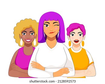 Cheerful Three Young Women Of Different Nationalities On White Background.