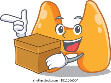 Un alegre concepto de dibujos animados tiroideos con una caja