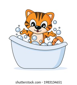 Cheerful Tiger Bath In Tub Cartoon Style Vector Illustration EPS 10