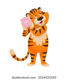 A cheerful tiger character holding a pink piggy bank close to his ear, representing savings and financial responsibility. Ideal for finance or money-related illustrations.