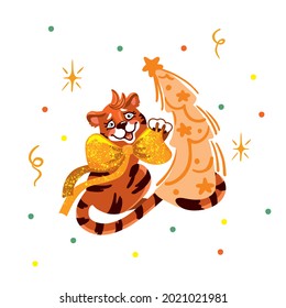 Cheerful tiger christmas tree simbol 2022 year.  Christmas and Happy new year illustration. Vector.