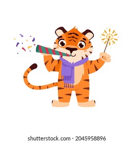 Cheerful tiger with confetti and sparkler. The symbol of the Chinese New Year. Cartoon animal. Eastern calendar for 2022. Chinese horoscope. Vector illustration.